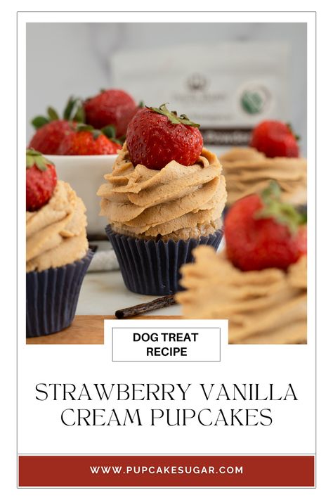 The strawberry vanilla bean powder combination is the star flavor for these pupcakes.  Strawberries are not only a great summer fruit, but they’re also full of antioxidants, high in fiber, and vitamin C.  Vanilla bean powder adds a soft flavor to your pupcake and produces an amazing aroma for your dog’s nose.  #easydogtreatrecipes #homemadedogtreats #dogtreatrecipes #dogtreatshomemade #halloweendogtreats #barkcuterieboard #gourmetdogtreat Pupcakes Dog, Dog Birthday Parties, Dog Parties, Pupcake Recipe, Halloween Dog Treats, Pet Treats Recipes, Easy Dog Treat Recipes, Blueberry Banana Bread, Vanilla Bean Powder