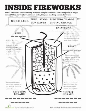 July 4th/Independence Day New Year Third Grade Physical Science Worksheets: Firework Diagram Chemistry Of Fireworks, Food Flags, How To Make Fireworks, Free Science Worksheets, Parties Food, Kids Worksheet, Holiday Science, Holiday Worksheets, Survival Books