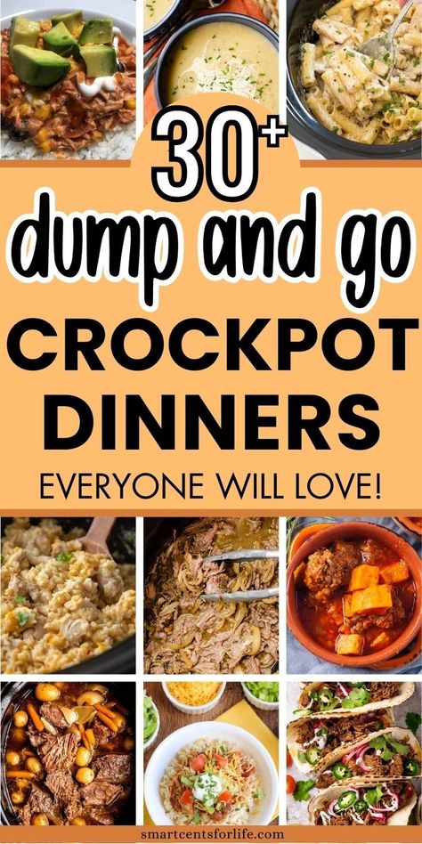 image with many crockpot dinner ideas and mentioning 30_ dump and go crockpot dinners Dump And Go Crockpot Dinners Easy, Dump And Go Crockpot Dinners, Potluck Comfort Food, Slow Cooker Recipes Family, Crockpot Dinner Ideas, Dump And Go Crockpot, Slow Cooker Pork Chops Recipes, Crockpot Dump Recipes, Crockpot Dinner Recipes