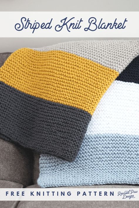 BEGINNER KNIT PATTERN - Striped Knit Blanket Pattern from Rescued Paw Designs Beginner Knit Blanket, Beginner Blanket, Knit A Blanket, Knitting Projects Blanket, Knit Blanket Pattern, Beginner Knit, Knitting Projects Free, Diy Sy, Knitting Patterns Free Blanket