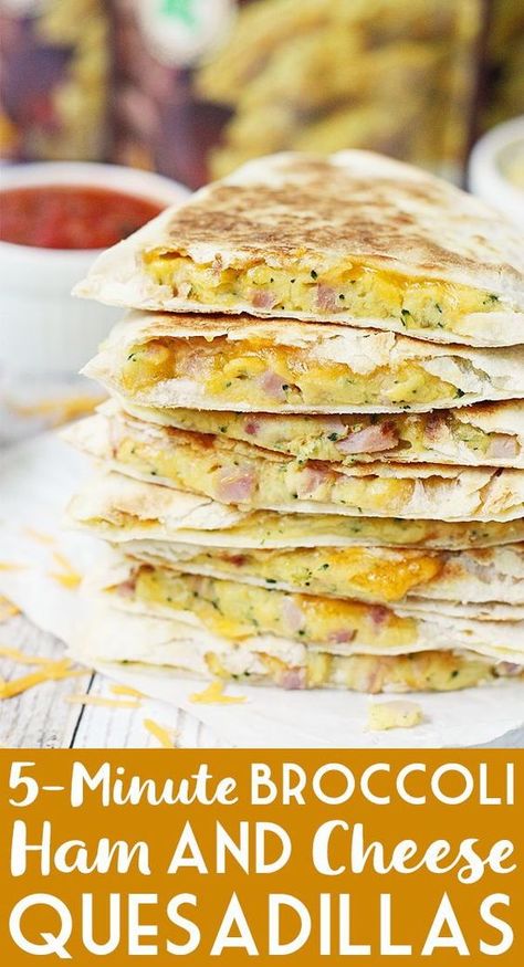 5-Minute Broccoli Ham & Cheese Quesadilla -- This 5-minute broccoli ham and cheese quesadilla is an easy weeknight meal and a tasty way to get your kids to eat their vegetables! This post is sponsored by Idaho Spuds #quesadilla #cheese #easyrecipe #easy #dinnertime #dinner #halfscratched #quickrecipe #broccoli #ham #cooking Ham And Cheese Quesadilla, Quesadilla Cheese, Breakfast Quesadilla Recipes, Breakfast Quesadilla, Breakfast For A Crowd, Cheese Quesadilla, Crockpot Breakfast, Quesadilla Recipes, Ham Cheese