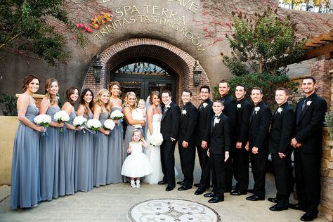 Photography: Adeline and Grace Photography - adelineandgraceweddings.com    Read More: http://www.stylemepretty.com/little-black-book-blog/2013/04/12/napa-wedding-from-adeline-and-grace-photography/ Blue And Black Wedding, Bridal Party Color Schemes, Wedding Ceremony Readings, Bridal Parties Colors, Dusty Blue Bridesmaid Dresses, Napa Wedding, Black Bridal, Black Tux, Dusty Blue Weddings