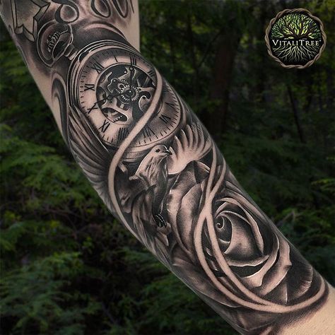 132 Me gusta, 4 comentarios - VitaliTree Tattoo (@vitalitreetattoo) en Instagram: "Delicately balanced doves and roses universally remind us of the transient nature of life... Tick,…" Archanděl Michael, Natur Tattoo Arm, Catrina Tattoo, Muster Tattoos, Tato Lengan, Watch Tattoos, Geniale Tattoos, Clock Tattoo, Best Sleeve Tattoos