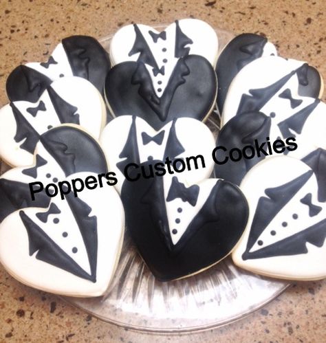 Decorated Cookies Tuxedo Cookies, Black Tie Birthday Party, Tuxedo Cake, Wedding Shower Cookies, Engagement Cookies, Groomsmen Proposal Gifts, 60th Birthday Cakes, Cake Table Decorations, Wedding Treats