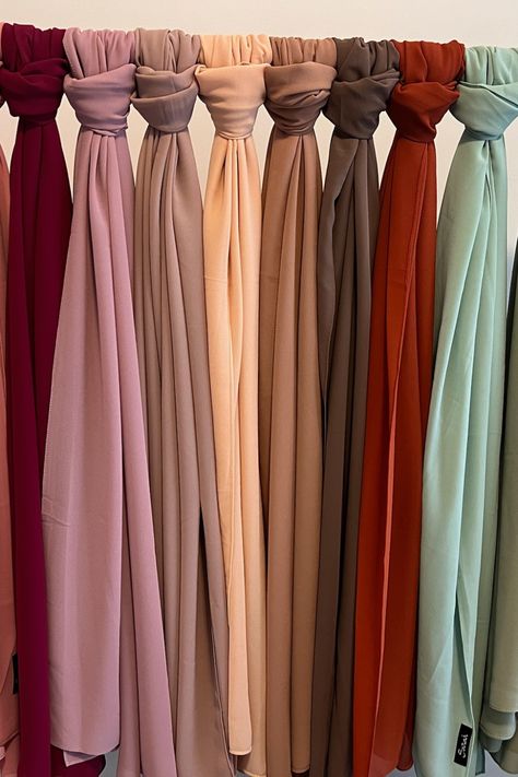 premium chiffon hijabs tied at the top side by side Hijabs Color, Hijab Shop, Colors Outfit, Hijab Material, Hijab Colors, Alhumdulillah Quotes, Actress Hairstyles, Hijab Collection, Chiffon Hijab