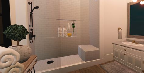 Bloxburg Minimalist Bathroom, Bloxburg Custom Bathroom, Bloxburg Guest Bathroom Ideas, Bloxburg Starter House Renovation, Girl Apartment, Blocksburg Room Ideas￼, House Decorating Ideas Apartments, City Layout, House Floor Design