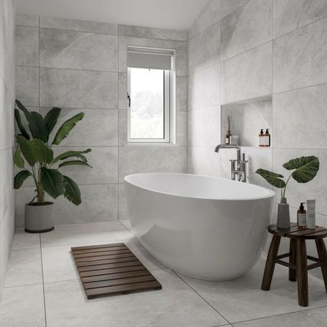 Maverick White 370x750 Grey Travertine Bathroom, 1910 Bathroom, White Bath Tub, Grey Travertine, Shiny Floors, White Porcelain Tile, Chaffinch, Timeless Bathroom, Stone Bathroom