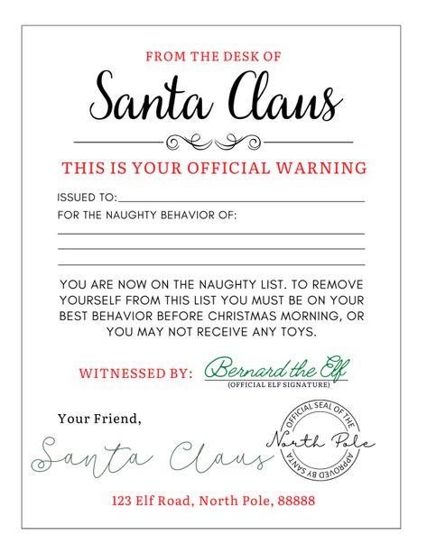 Santa Warning Letter Free Printable, Iced Cream, Elf Report Card, Free Letters From Santa, Message From Santa, Fancy Envelopes, Dear Santa Letter, Nice List Certificate, Santa Letter Template