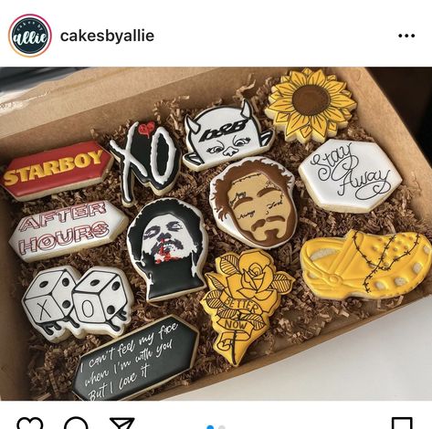 The Weeknd Birthday, Royal Icing Cookies Recipe, Cookie Gifts, Cut Out Cookies, Icing Cookies, Post Malone, Birthday Cookies, Cookie Designs, Royal Icing Cookies