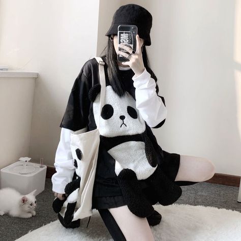 Panda Kawaii Canvas Shoulder Bag BE768 - Harajuku Kawaii Fashion Anime Clothes Fashion Store - SpreePicky Panda Outfit, Size Difference, Hoodie Coat, Bear Shirt, Streetwear Tshirt, Canvas Handbags, Long Sleeve Tee Shirts, Cute Panda, Sleeves Pattern