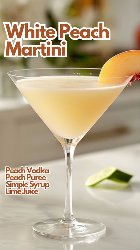 This White Peach Martini is the perfect blend of peach vodka, peach puree, simple syrup, and lime juice. Its refreshing taste and balanced sweetness make it an ideal choice for any occasion. Peach vodka adds a smooth and fruity base, while the peach puree enhances the flavor with natural sweetness. #whitepeachmartini via @mybartender Peach Cosmopolitan Recipe, White Peach Martini, Peach Martini Recipe Vodka, Peach Vodka Drinks, Peach Martini, Peach Vodka, Peach Drinks, Birthday Cocktail, Cocktail Drinks Alcoholic