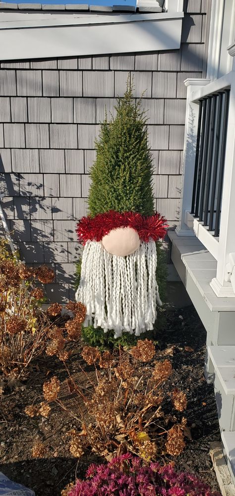 Gnome Bushes Christmas Outdoor, Gnome Bushes, Porch Xmas Decor Ideas, No Place Like Gnome, Gnome Diy, Outdoor Christmas Tree, Homemade Christmas Decorations, Live Tree, Gnomes Diy