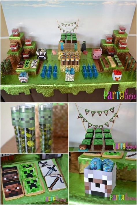 Minecraft Party Ideas Minecraft Themed Party, Minecraft Cupcakes, 9th Birthday Party, Minecraft Party Decorations, Bday Stuff, Minecraft Birthday Cake, Minecraft Theme, Spaceships And Laser Beams, Birthday Party Desserts