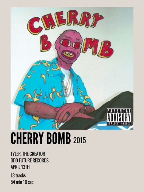 minimal aesthetic polaroid album poster for cherry bomb by tyler the creator Tyler The Creator Cherry, Cherry Bomb Album, Alternative Hip Hop, Tyler The Creator Wallpaper, Album Cover Poster, Asap Rocky, Book People, Cherry Bomb, Flower Boys