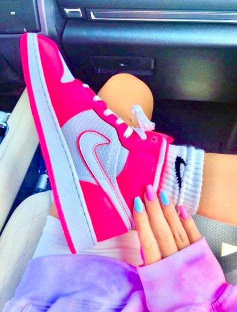 not my pic edited by me Nike Shoes Trendy, Pink Nike Air, Hot Pink Shoes, Pink Nike Shoes, Shoes Trendy, Pink Nike, Nike Air Force Ones, Pink Nikes, Air Force Ones