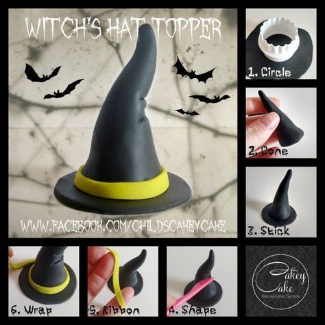 Halloween Toppers #3: Witch's Hat Fondant Witch Hat, Clay Witches Hat, Clay Witch Hat, Halloween Toppers, Polymer Clay Witch, Fimo Halloween, Halloween Deserts, Dollhouse Halloween, Polymer Clay Halloween