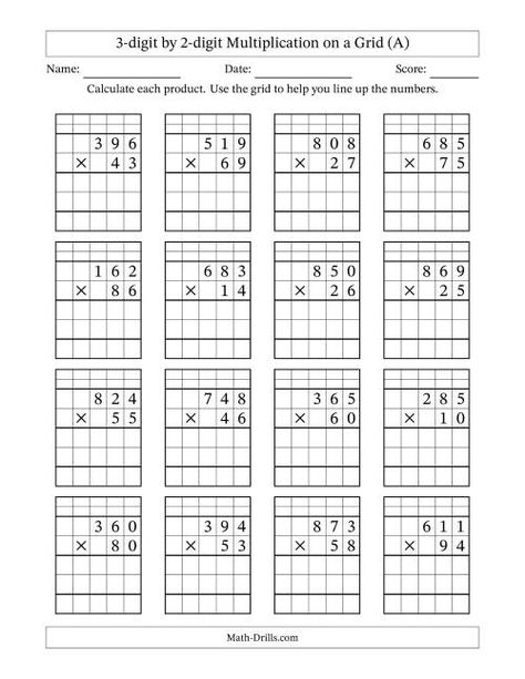 The 3-digit by 2-digit Multiplication with Grid Support Including Regrouping (A) Math Worksheet Multiplication By 2 Digits, 3 Digit Multiplication Worksheets, 2 Digit Multiplication Worksheets, Long Multiplication Worksheets, Multiple Meaning Words Worksheet, Worksheets High School, Maths Multiplication, Multiplication Grid, Long Multiplication