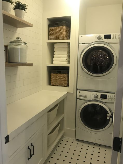 Narrow Laundry Room Ideas Stackable, Small Laundry Room Stacked Washer Dryer, Small Laundry Room With Stacked Machines, Stacked Laundry Room Ideas Small Spaces, Small Laundry Room Ideas Stackable, Second Floor Laundry, Stacked Laundry Room Ideas, Ikea Laundry Room Cabinets, Laundry Room Layout Ideas