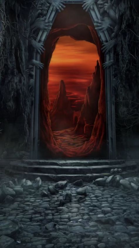 Hellfire Aesthetic, Fantasy Adventure Aesthetic, Background Bc, Hell Landscape, Dark Fantasy Background, Hell Background, Portal Art, Gates Of Hell, The Titans