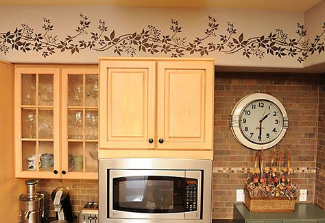 Poland Apartment, Kitchen Soffit Decorating Ideas, Stencil Walls, Soffit Ideas, Decorating Above Kitchen Cabinets Ideas, Wallpaper Border Kitchen, Space Above Kitchen Cabinets, Kitchen Soffit, Border Stencil