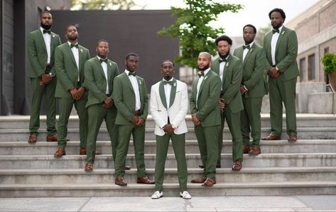 Green Groomsmen Suits And Bridesmaids, Sage Green Wedding Party Groomsmen, Wedding Color Schemes Black People, Fall Wedding Black People, Olive Green Wedding Theme Color Schemes, Black People Wedding Ideas Color Schemes, Groomsmen Photoshoot, Black People Weddings, Facts About Women