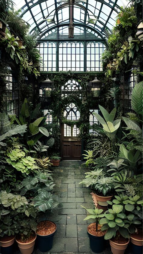 Victorian Greenhouse Interiors, Dark Greenhouse Aesthetic, Vintage Greenhouse Aesthetic, Plant Solarium, Green House Inside, Gothic Garden Aesthetic, Enchanted Greenhouse, Victorian Orangery, Gothic Conservatory