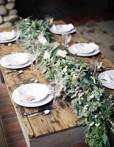 FLOWERS to think about using: smilax garlands, and flowers such as spray roses, English garden roses, lisianthus, ranunculus, anemones, and baby’s breath. Rustic Garden Wedding, Spring Garden Wedding, Table Garland, Table Runners Wedding, Thanksgiving Tablescapes, Eucalyptus Wedding, Wedding Table Settings, Rustic Table, Rustic Gardens