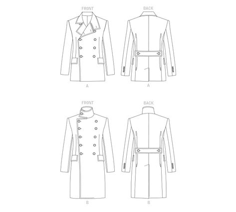 Line Art Double Breasted Coat Pattern, Napoleon Jacket Pattern, Men's Coat Pattern Drafting, Trench Coat Technical Drawing, Military Jacket Pattern, Technical Outerwear With Double-lined Hood And Long Sleeve, Peacoat Men, Vogue Men, Coat Pattern Sewing