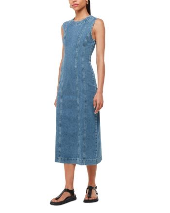 Whistles Sleeveless Denim Midi Dress Sleeveless Denim Blue Dress With Buttons, Denim Blue Sleeveless Dress With Buttons, Sleeveless Non-stretch Denim Summer Dress, Midi-length Denim Dress With Pockets For Daywear, Sleeveless Non-stretch Medium Wash Denim Dress, Senior Season, Bridal Boots, Glamorous Fashion, Denim Midi Dress