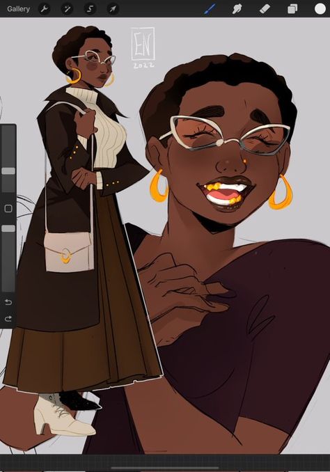 Blasian Character Design, Black Character Drawing, Black Oc Drawing, Straddling Reference Drawing, Feminine Clothes Aesthetic, Black Woman Character Design, Poc Character Design, Teacher Character Design, Black Hairstyles Drawing Reference