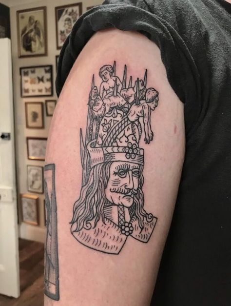 Vlad The Impaler Art, Romania Tattoo Ideas, Vlad The Impaler Tattoo, Medevil Tattoo Designs, Vlad Impaler, Ted Tattoo, Romania Tattoo, Woodcut Portrait, Dracula Tattoo