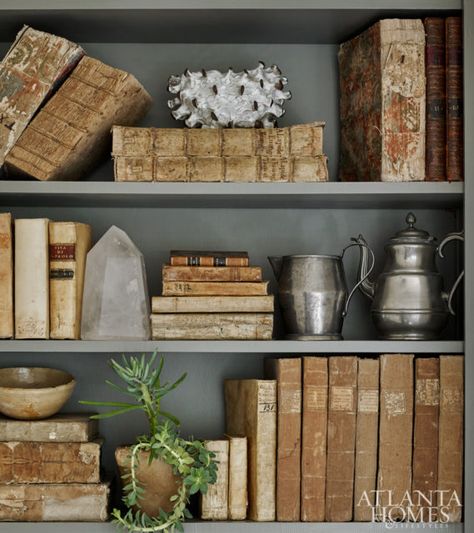 Debbie’s collection of pewter and vellum books mix marvelously. Organizing Bookshelves, Grey Bookshelves, Styled Shelves, Vignette Styling, Bookcase Styling, Curated Home, Bookcase Decor, Cabinet Color, Bookshelf Styling