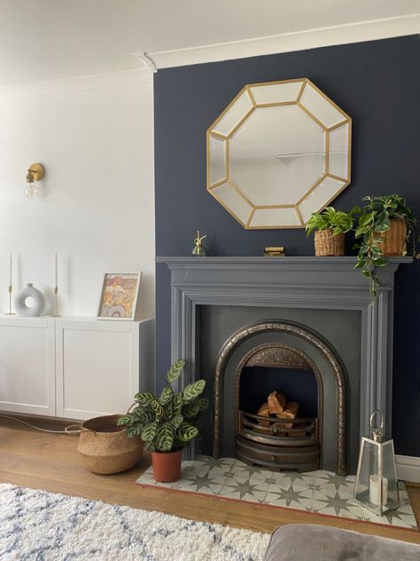 Painted Wooden Fireplace, Fire Surround Ideas Flat Wall, Fireplace Tiled Hearth, Cast Iron Fireplace Surround, Cast Iron Fireplace Living Room, Faux Hearth, Fire Surround Ideas, Tiled Fireplace Hearth, Tiled Fireplace Surround