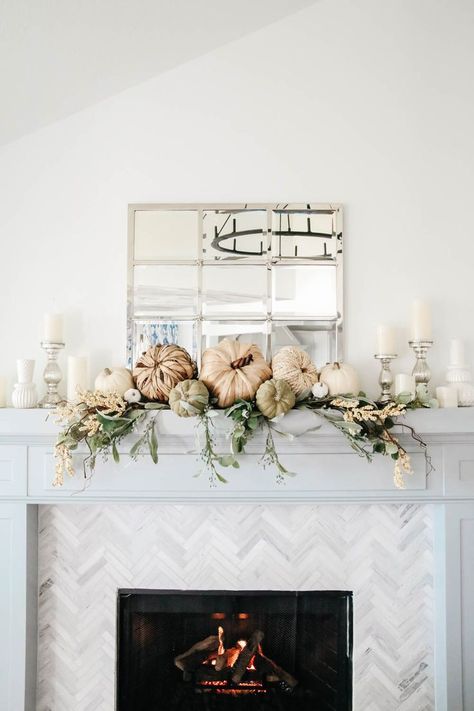 Fireplace mantle decorated for fall. Natural pumpkins, neutral fall decor ideas for the living room. #ABlissfulNest #falldecor #falldecoratingideas #livingroomideas #fireplacemantle Neutral Fall Decor Ideas, Fall Mantle Decor, Fall Fireplace, Fireplace Mantle Decor, Fall Mantle, Neutral Fall Decor, Fall Home Tour, White Fireplace, Fall Decor Inspiration