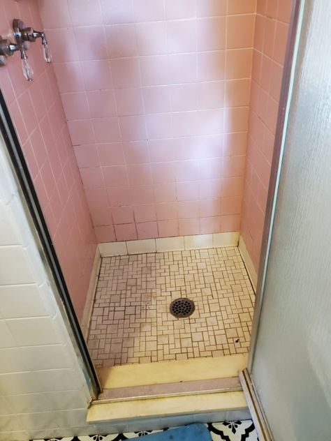 Painting Shower Tile (Should You Do It?) — Peony Street Diy Tile Update, Painting Tile Shower Wall Before And After, Painted Bathroom Shower Tile, Painted Shower Tile Ideas, Painting Shower Tile Diy, Paint Shower Floor Tile, Shower Tile Update Diy, Terrazzo Shower Tile, Paint Shower Tile Black