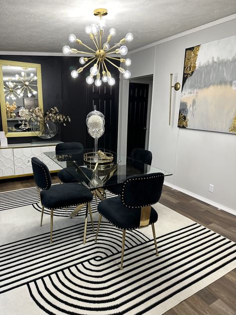 Gold Black White Kitchen, Gold Living Room Furniture, Gold Dining Room, Dining Room Decor Modern, Gold Dining, Vintage Lounge, Dining Room Cozy, Living Room Furniture Arrangement, Gold Living Room