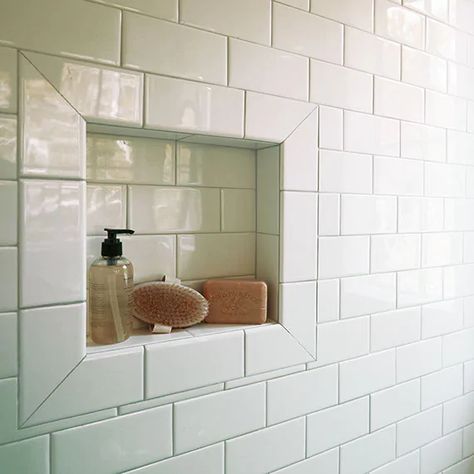 Shower Nook, White Beveled Subway Tile, White Subway Tile Shower, Tile Shower Niche, White Subway Tile Bathroom, Beveled Subway Tile, Monochromatic Room, Subway Tile Showers, Coloured Grout