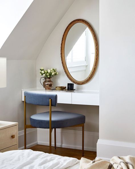 Blue Vanity Chair, Floating Makeup Vanity, Vanity Nook, Vanity In Bedroom, Built In Vanity, Toronto Home, Angled Ceilings, Low Bookcase, Blue Vanity