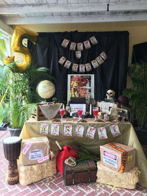 What a cool Indiana Jones Birthday Party! The dessert table and decor are awesome!! See more party ideas and share yours at CatchMyParty.com #catchmyparty #indianajonesbirthdayparty #boybirthdayparty #indianajonesdesserttable Indiana Jones Party Ideas, Indiana Jones Trunk Or Treat, Indiana Jones Birthday, Indiana Jones Birthday Party, Indian Jones, Diy Kids Birthday Party, Disneyland Party, Indiana Jones Party, Transformers Party