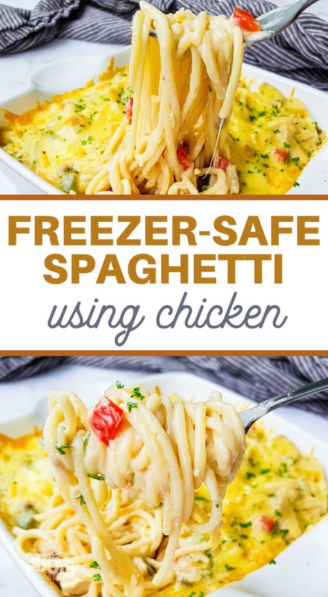 chicken spaghetti freezer meal Frozen Spaghetti Freezer Meals, Freezer Chicken Spaghetti, Frozen Chicken Spaghetti, Freezer Chicken Meals, Freeze Chicken, Rotel Chicken, Freezer Ideas, Rotel Chicken Spaghetti, Chicken Spaghetti Recipe