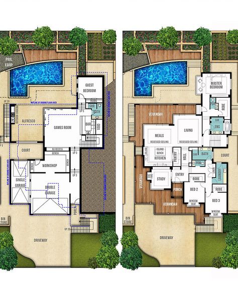 Two Storey House Floor Plans - The Hampton by Boyd Design Perth Undercroft Garage, Split Level Plans, Beach Front House Plans, Beach House Design Floor Plans, Tropical Landscape Ideas, Hamptons House Plans, Hamptons Style House Plans, Beach House Floor, Split Level House Design