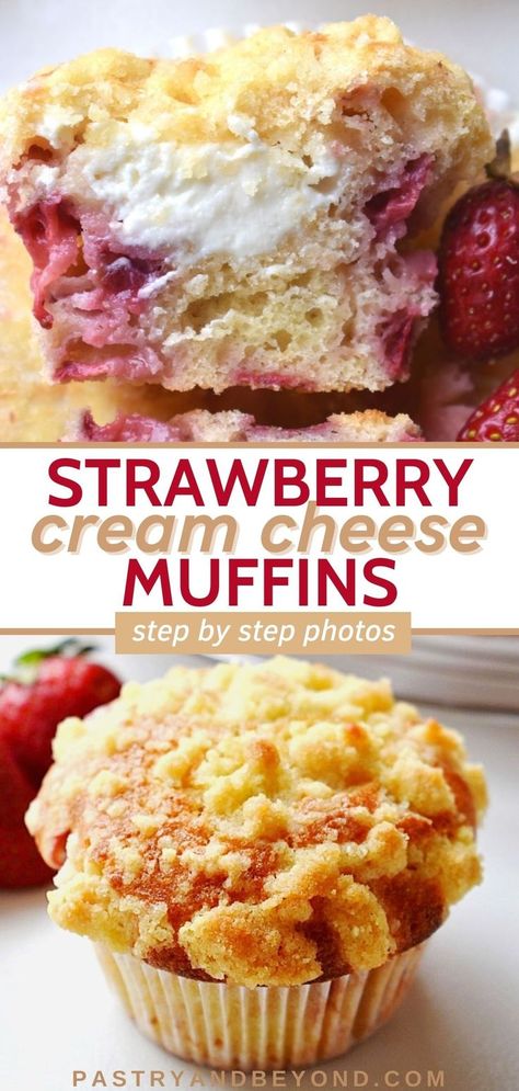 Collage for strawberry cream cheese muffins with text overlay. Keto Strawberry Cream Cheese Muffins, Strawberry Cheesecake Muffins Recipes, Strawberry And Cream Muffins, Large Muffin Recipes, Strawberry Cream Cheese Muffins Recipe, Raspberry Cream Cheese Muffins, Easy Cream Cheese Recipes, Strawberry Muffin Recipe, Strawberry Cream Cheese Muffins