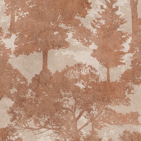 Trailing Trees Terracotta is a beautiful abstract forest of terracotta orange silhouetted trees, their shadows creating an enticingly dynamic backdrop of a light and mid red-toned beige and cream. This matt finish wallpaper would make for the perfect feature wall, bringing the beauty of the outdoors into the warmth and comfort of your own home.  Next Wallpaper Collection makes decorating easy. Elegant florals, contemporary geos and urban brick designs are sure to add style and luxury to your hom Terracotta Accent Wall Bedroom, Terracota Wallpaper, Branded Wallpaper, Terracotta Wallpaper, Lounge Room Styling, Next Wallpaper, Terracotta And Green, Abstract Forest, Striped Tile