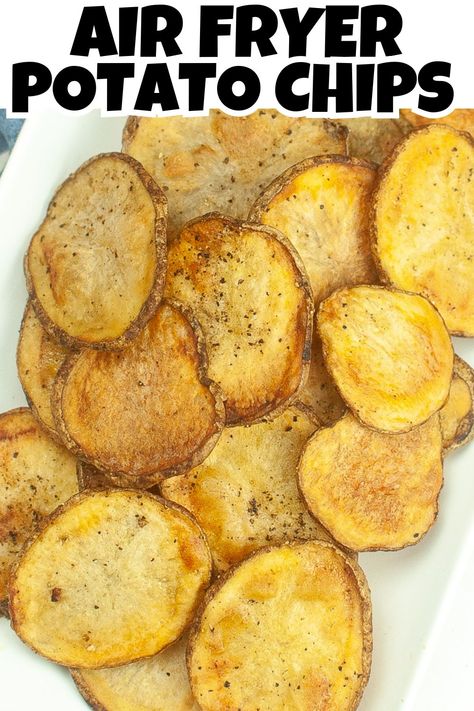 Overhead view of air fryer potato chips on a white plate. Chip Seasoning, Air Fryer Potato Chips, Potato Chips Recipe, Lunch At Home, Air Fryer Potato, Potato Chip Recipes, Homemade Sour Cream, Homemade Chips, Potato Skin