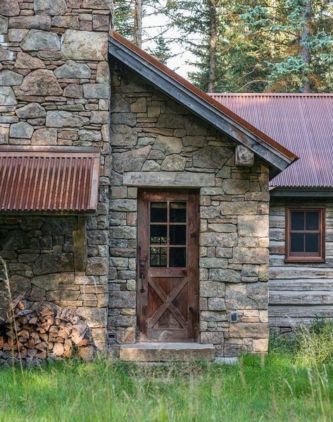 rustic-exterior House On A Creek, Cottage Stone Exterior, Chimney Outside Of House, Stone Houses Exterior, Stone Chimney Exterior, Stone Houses Rustic, Stone Farmhouse Exterior, Exterior Stone Ideas, Stone Cottage Exterior