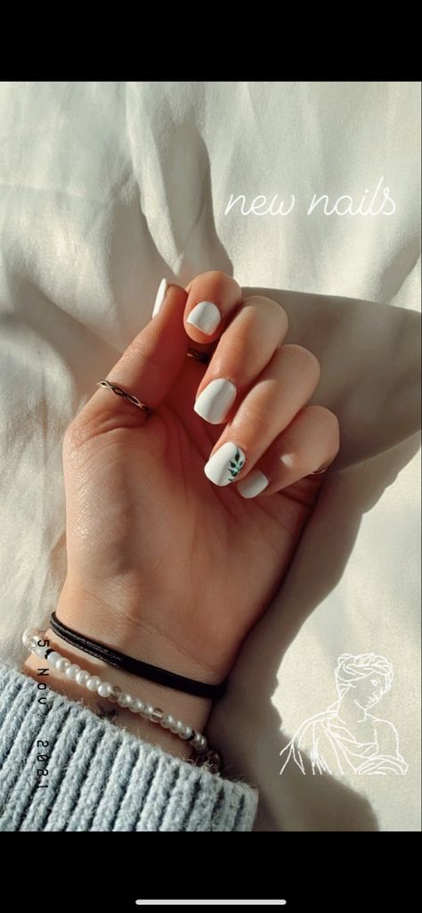 White Nails With Green Leaves, White Nails With Leaves, White Nails With Green, Greek Nails Designs, Classic White Nails, Nails With Green, Olive Nails, Champagne Nails, White French Tip