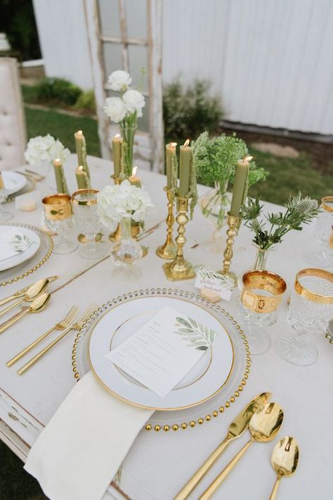 Vintage Green and Gold Wedding Inspo | The Perfect Palette Carmel Valley Ranch, Green And Gold Wedding, Green Gold Weddings, Gold Table Setting, White Table Settings, Gold Wedding Colors, Gold Wedding Inspiration, Green Themed Wedding, Gold Wedding Theme