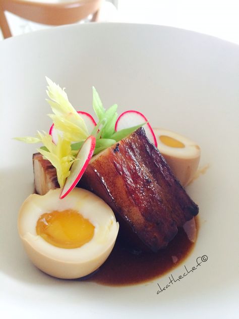 Pork belly Adobo with 6 min egg Filipino Food Plating Ideas, Adobo Plating, Filipino Fine Dining, Pork Belly Adobo, Adobo Pork, Egg Appetizer, Menu Project, Pork Adobo, Plating Food