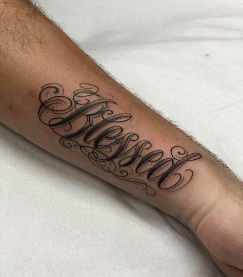 Single Tattoos Men, Blessed Tattoo For Men, Blessed Tattoo Ideas, Tattoo Ideas On Arm, Tattoos Powerful, Typographic Tattoo, Panther Tattoos, Blessed Tattoo, Blessed Tattoos