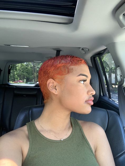 Orange Buzzcut, Short Hair Dye Colors For Black Women, Red Buzzcut, Ginger Short Hair Black Women, Short Ginger Hair Black Women, Ginger Finger Waves, Short Colored Hair Black Women, Short Dyed Hair Black Women, Dark Red Short Hair